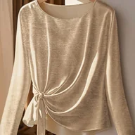 Koszule damskie - TEMU Damski Złoty Foliowy Materiał Okrągły Dekolt Długi Rękaw Wiązana Casual Koszula - miniaturka - grafika 1