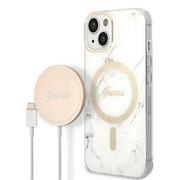 Etui i futerały do telefonów - Guess Zestaw GUBPP14SHMEACSH Case+ Charger iPhone 14 6,1" biały/white hard case Marble MagSafe - miniaturka - grafika 1