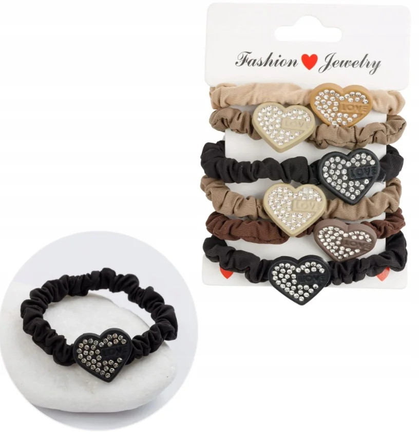 Gumki Do Włosów Marszczone z Dżetowym Sercem LOVE 6szt MIX eleganckie