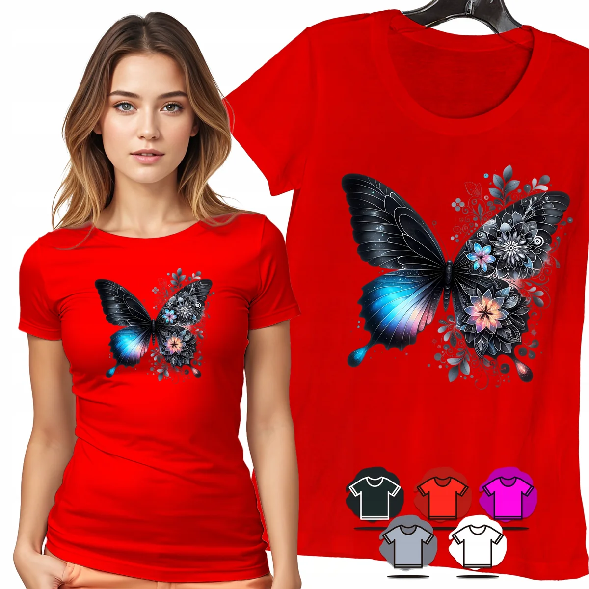KOSZULKA DAMSKA T-SHIRT - MOTYL CZARNO NIEBIESKI KWIATY DAMSKI WZÓR - M