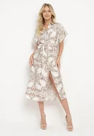 Sukienki - Jasnobeżowa Sukienka Wiskozowa o Koszulowym Kroju z Gumką w Talii i Materiałowym Paskiem Brelefia - miniaturka - grafika 1