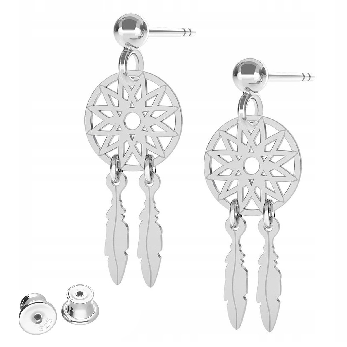 Kolczyki Srebrne Łapacze Snów Gwiazdy z Łapaczem Piórka Pióra SREBRO 925