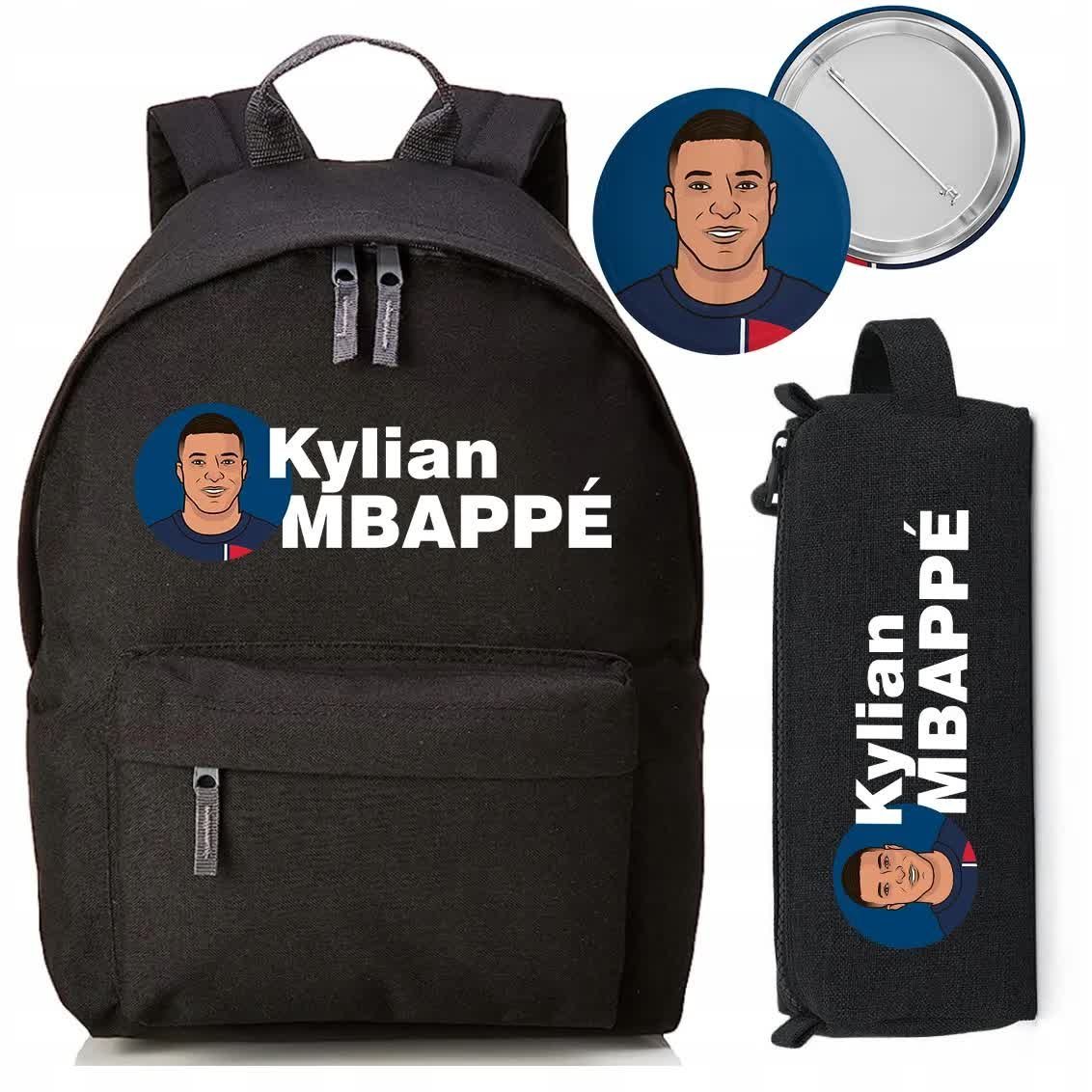Zestaw do Szkoły Czarny Plecak + Piórnik + Pin Piłkarz Kylian Mbappe Wzory