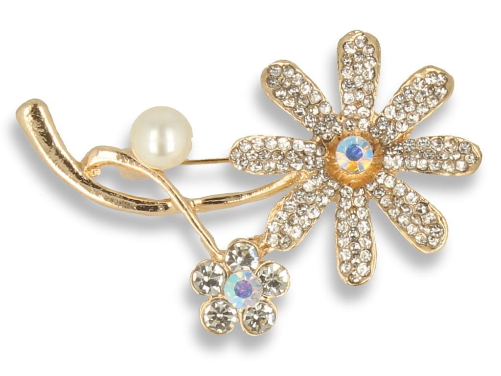 Broszka Damska Złota Kwiatek Z Perełką I Cyrkoniami