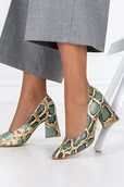 Czółenka - Zielone czółenka skórzane damskie na klocku wzór wężowy PRODUKT POLSKI Casu 3277 - miniaturka - grafika 1