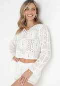 Bluzki damskie - Biała Bawełniana Bluzka w Ażurowym Stylu z Długimi Rękawami Perel - miniaturka - grafika 1