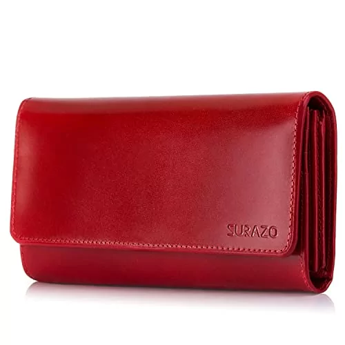 SURAZO® Skórzany portfel damski, duży, wiele przegródek, duży portfel z 12  przegródkami na karty [ochrona RFID], skórzany portfel damski, portfel  damski z klapką, czerwony, XL - Ceny i opinie na Skapiec.pl