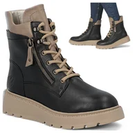 Botki damskie - Rieker Botki Damskie SKÓRZANE Zimowe na Platformie Wygodne Ciepłe Czarne 38 - miniaturka - grafika 1