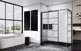 Novellini Kuadra H Stripes Kabina prysznicowa walk-in 137-140x200 cm szkło przezroczyste linie, profile czarne matowe KUADH140-82H - Kabiny prysznicowe - miniaturka - grafika 1