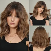 Pozostałe akcesoria fryzjerskie - TEMU Peruka NAMM dla Kobiet w Odcieniach Brązowo-Beżowych z Grzywką - Średnia Długość, 150% Gęstości, Wodne Fale, Ciemna i Naturalny Wygląd, Odporne - miniaturka - grafika 1
