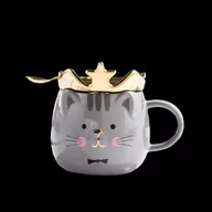 Kubki - Kubek Ceramiczny Z Kotem Kot 480 ml z Przykrywką i Łyżeczką Szary - miniaturka - grafika 1