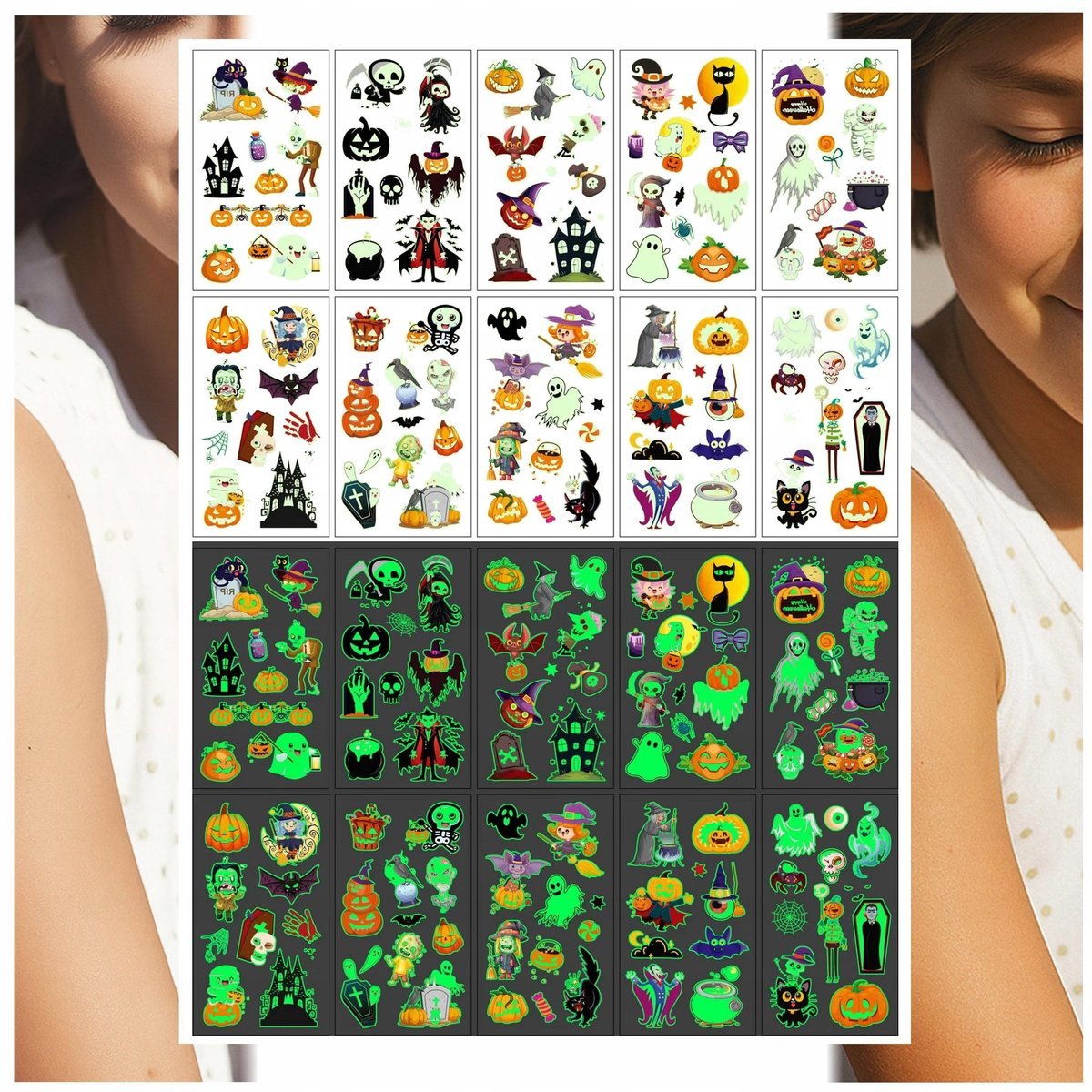 Tatuaże Zmywalne Świecące w Ciemności Halloween Czaszki 10 Wzorów