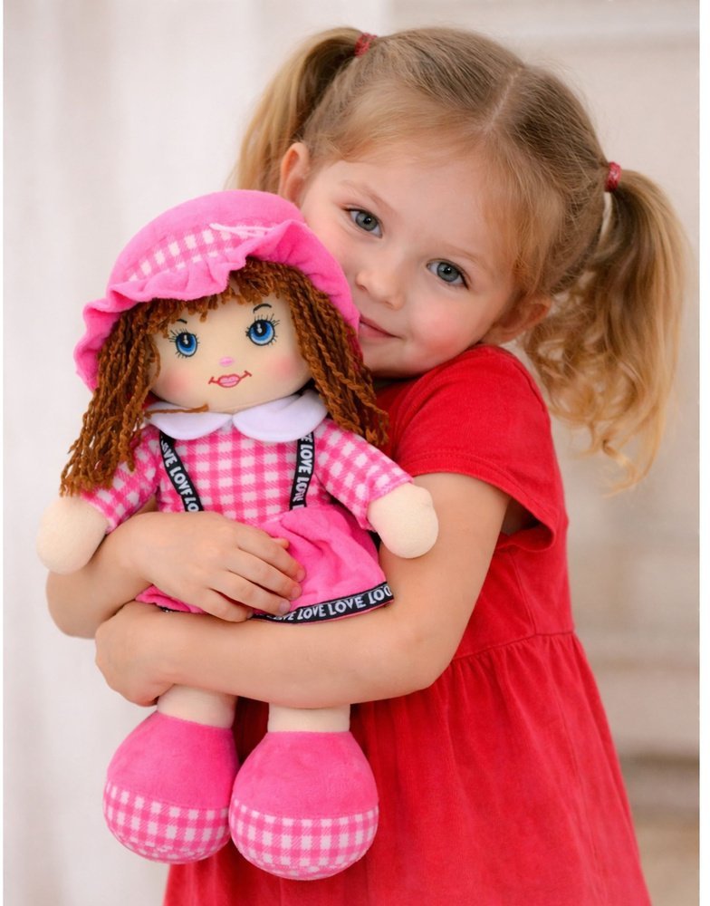 Lalka Szmacianka Przytulanka Sukienka W Kratkę Różowa 35 cm