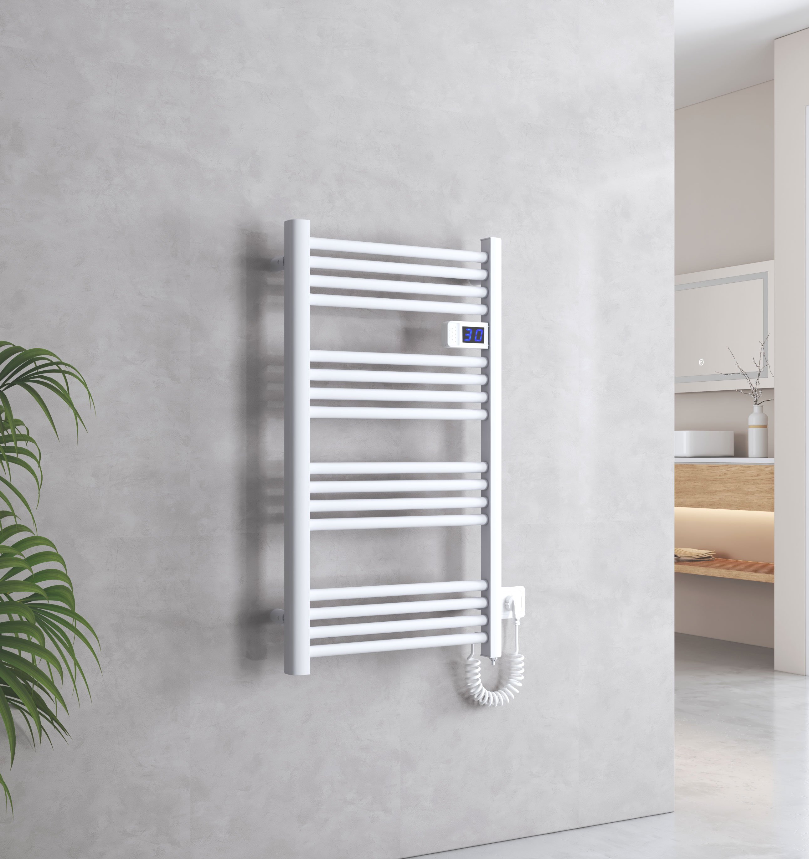EMKE Grzejnik łazienkowy elektryczny biały Suszarka do ręczników z termostatem 960 x 540 mm Grzejnik z zegarem i wyświetlaczem cyfrowym 500 W Wieszak na ręczniki