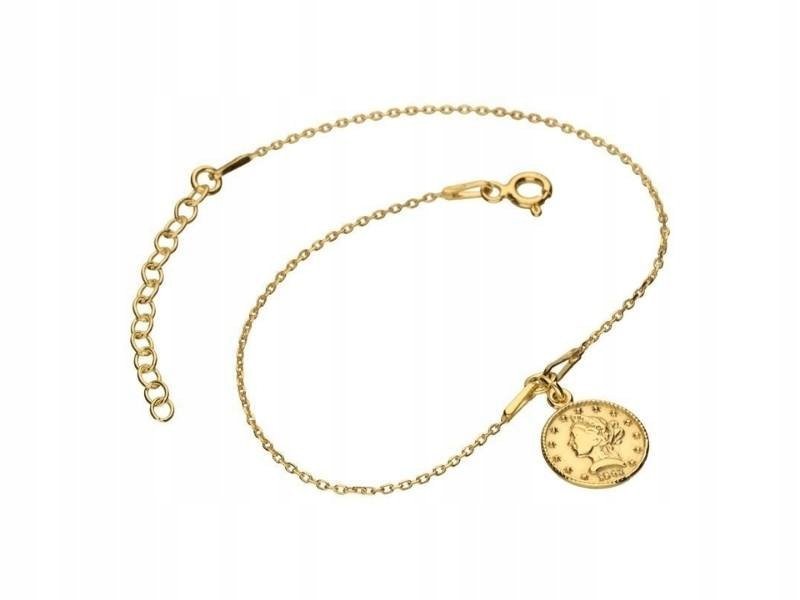 Srebrna bransoletka 925 pozłacana z monetą elegancki wzór na prezent modny