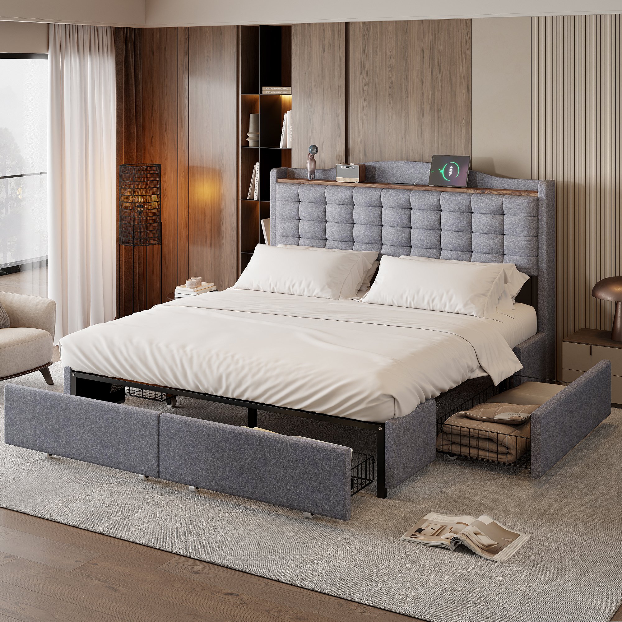 Łóżko tapicerowane Flieks 160x200cm z USB, podwójne łóżko do przechowywania z 4 szufladami, łóżko młodzieżowe z ramą z listew, funkcjonalne łóżko drewniane, pościel, jasnoszary