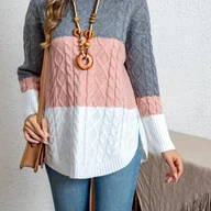 Swetry damskie - TEMU Elegancka Damska Bluzka z Okrągłym Dekoltem - Kolorowa Kurtka Sweterowa z Rozcięciem, Średnio Elastyczna, Luźny Fason na Wiosnę/Jesień do - miniaturka - grafika 1