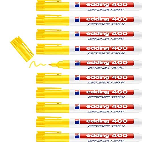 edding 400 Marker permanentny - żółty - 10 długopisów - cienka okrągła końcówka 1 mm - szybkoschnący, wodoodporny i odporny na ścieranie - do kartonu, plastiku, drewna, metalu, szkła