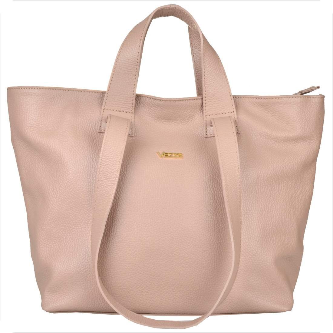 VEZZE Torba skórzana shopper bag róż pudrowy na ramię i do ręki złote okucia
