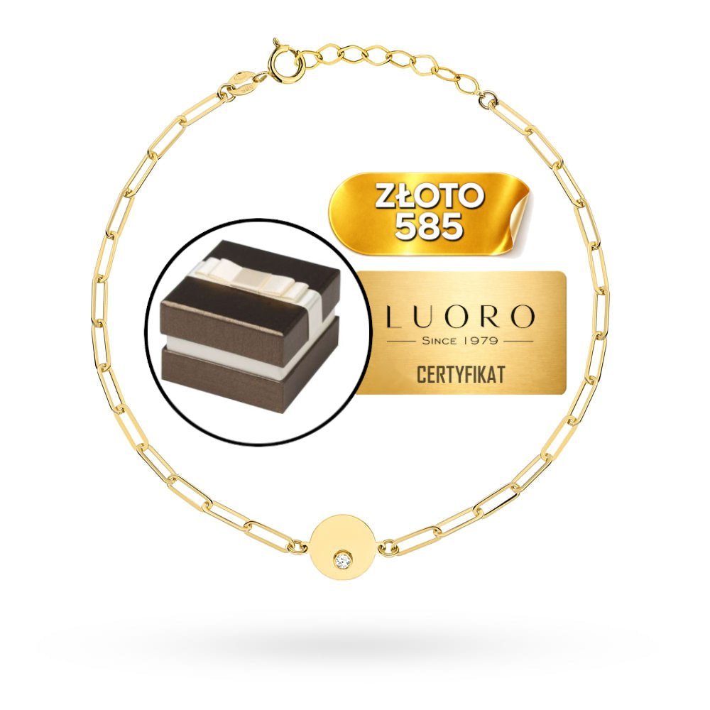BRANSOLETKA ZŁOTA 585 14K OGNIWA KÓŁKO Z CYRKONIĄ 17 CM REGULOWANA