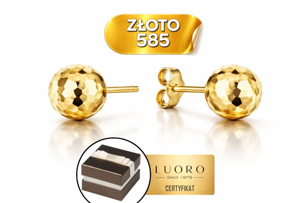 KOLCZYKI ZŁOTE 585 14K DIAMENTOWANE KULKI 8 MM SZTYFT ELEGANCKIE