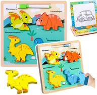 Zabawki interaktywne dla dzieci - Układanka Tablica 2w1 Drewniana Edukacyjna Dinozaury Pisak - miniaturka - grafika 1