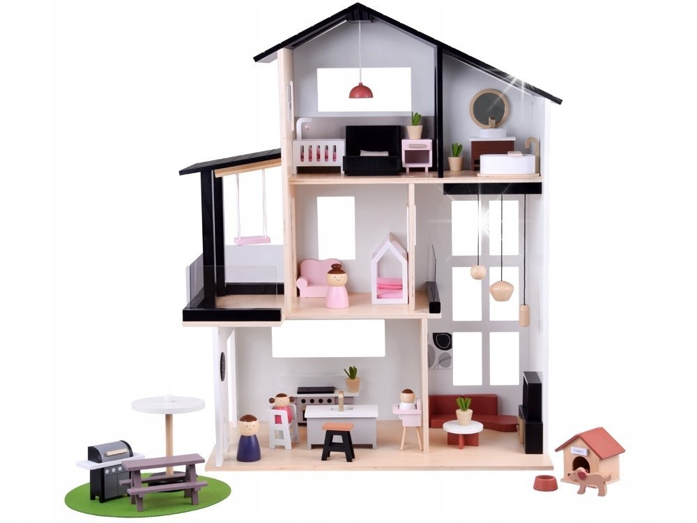 Nowoczesny Drewniany Domek dla Lalek w Stylu LOFT + lalki meble ZA5073