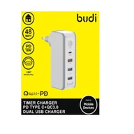 Ładowarki do telefonów - Budi - Ładowarka sieciowa z obrotową wtyczką i timerem, 3x USB, 1x USB-C PD, 48W, QC3.0 (Biały) - miniaturka - grafika 1
