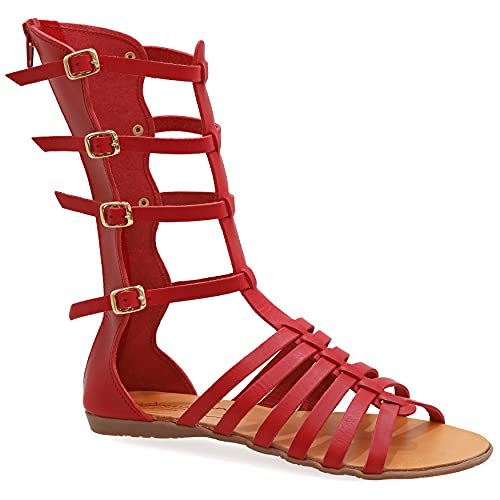 Koralowa czerwień, 41, Emmanuela Antique Greka Ręka Handmade Gladiator Skórzane sandały, łydki wysokie sandały z zamkiem błyskawicznym w trzonie, pasek płaskie letnie buty dla kobiet