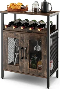 stojak na wino i komoda 2 w 1 z uchwytem na butelki i wyjmowanym uchwytem na kieliszki do wina, winiarnia z 2 metalowymi drzwiami, industrialny drewniany kredens, szafka do przechowywania w salonie, kuchni, jadalni - Butelki termiczne - miniaturka - grafika 1