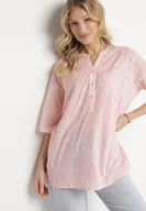 Koszule damskie - Jasnoróżowa Haftowana Koszula z Bawełny z Podwijanymi Rękawami Aradwena - miniaturka - grafika 1