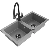 Zlewozmywaki z baterią - Mexen Mario zlewozmywak granitowy 2-komorowy z baterią kuchenną Duo, szary - miniaturka - grafika 1