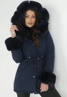 Kurtki damskie - Granatowa Kurtka Parka z Kapturem i Wstawkami z Futerka Caranze - miniaturka - grafika 1