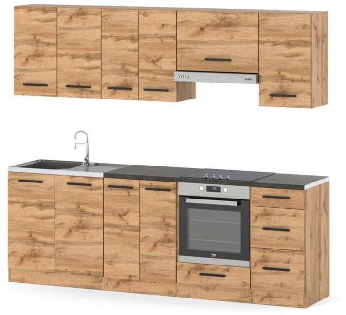 Zestaw Mebli Kuchennych Z Blatem Mała Mokka Plus 2.4m Drewniany Dąb Wotan