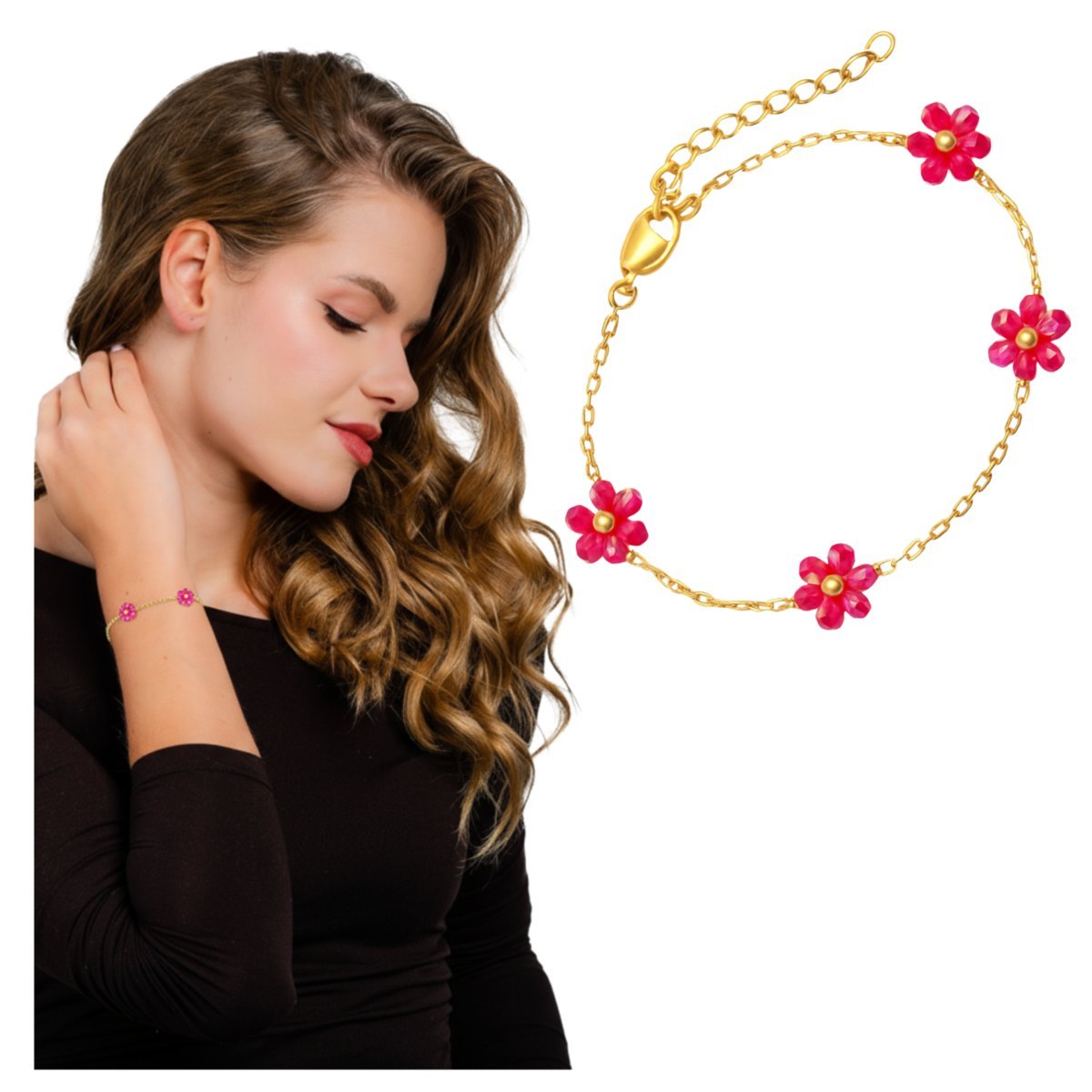 Bransoletka Złota Z Koralikami Stal Chirurgiczna 316L Kwiatki Pozłacana