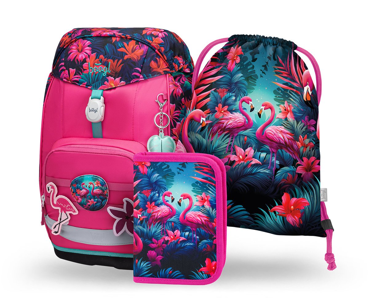 Zestaw Szkolny 3w1 BAAGL Tornister szkolny Airy Plus Flamingo Ergonomiczny 25L 29x43x20 cm Różowy dla dziewczynki + Piórnik, Worek na buty