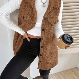 TEMU Elegancka Damska Marynarka Bez Rękawów z Kołnierzem Klapowym i Zapięciem na Jedno - Beżowa/Brązowa/Piaskowy Skóry/Czarna/Szara/Biała - - Kurtki damskie - miniaturka - grafika 1