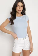 Koszulki i topy damskie - Jasnoniebieski T-shirt z Bawełny o Dopasowanym Kroju z Dekoltem w Łódkę Galerissa - miniaturka - grafika 1