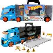 Samochody i pojazdy dla dzieci - Hot Wheels Ciężarówka Transporter na 14 aut + 1 autko i znaki drogowe - miniaturka - grafika 1