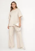 Komplety damskie - Beżowy Bawełniany Komplet Szerokie Spodnie i T-shirt z Rozcięciami Norpio - miniaturka - grafika 1