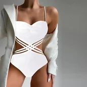 Stroje kąpielowe - Jednoczęściowy strój kąpielowy na cienkich ramiączkach - Biały M - miniaturka - grafika 1