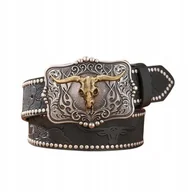 Paski - Pas Pasek Kowbojski Czarny Texas Czaszka Byka Dżety Nity Vintage 120 Cm - miniaturka - grafika 1