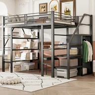 Łóżka dla dzieci i młodzieży - Łóżko piętrowe metalowe 140x200cm - z biurkiem i schowkami - czarne - miniaturka - grafika 1