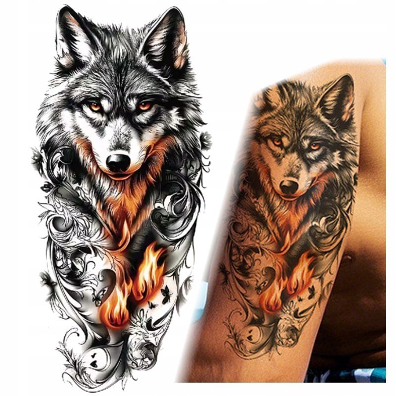 TATUAŻ WILK OGNISTY MOTYLE KOLOROWY ZMYWALNY TYMCZASOWY WODNY