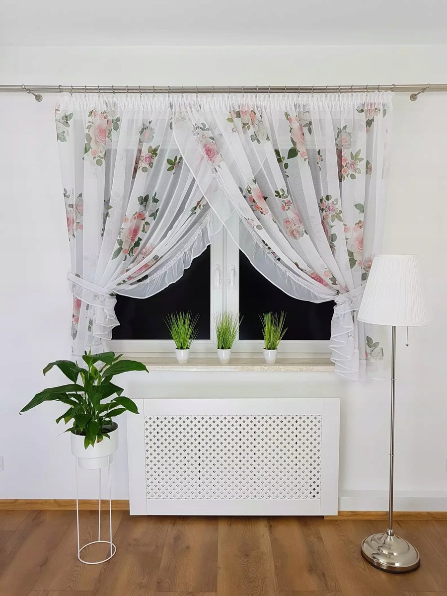 FIRANA Z ETAMINY Z FALBANKĄ I CYRKONIAMI FIRANKI DO SALONU 400X160 KWIATY