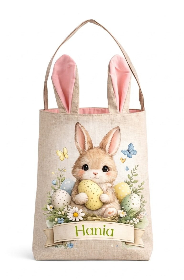 Lniana Torba Wielkanocna z Różowymi Uszami Zająca – Personalizowana