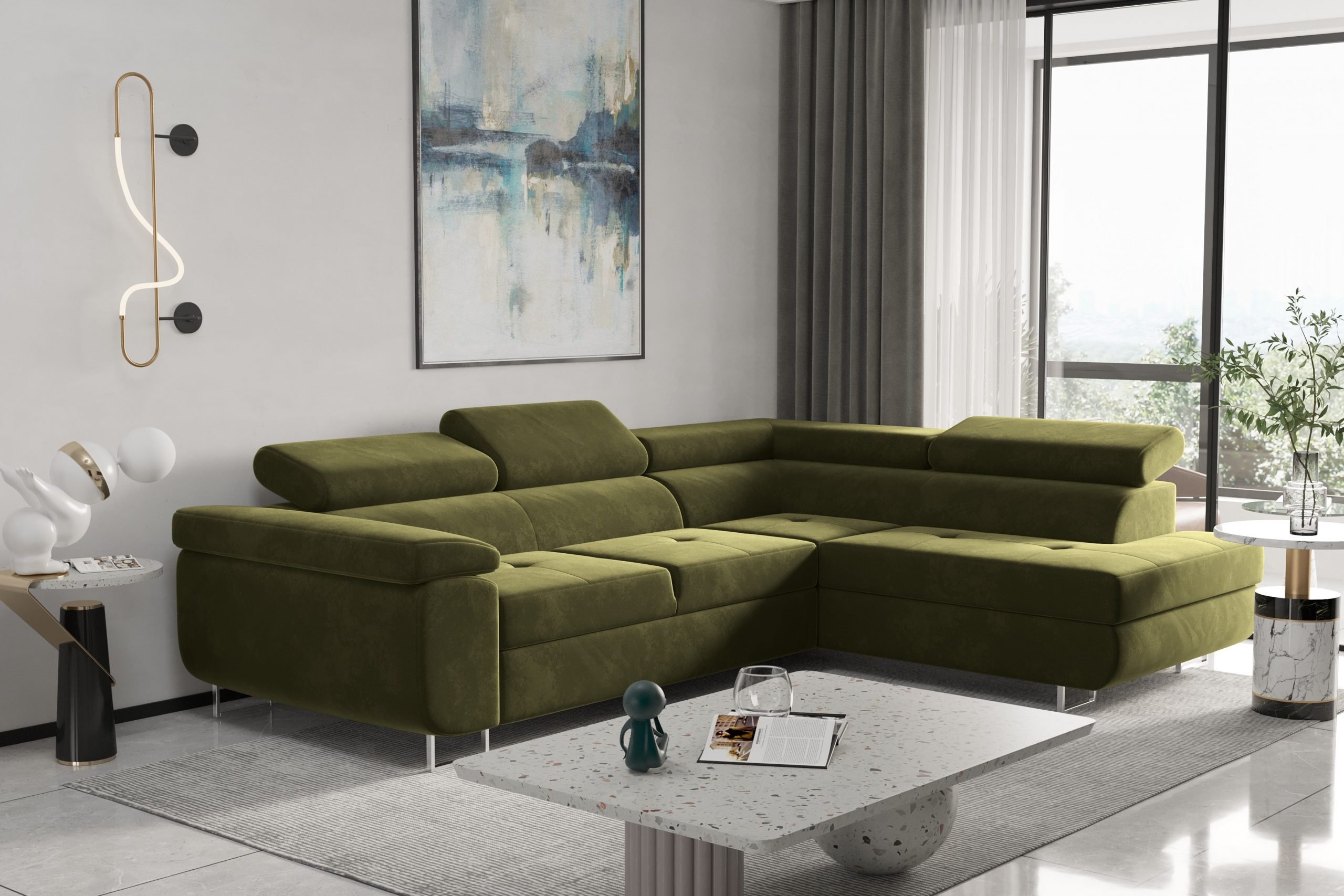 Narożnik z funkcją spania i pojemnikiem na pościel w kształcie litery L - ATOM - tkanina Monolith, wiele kolorów Oliwkowy Prawy