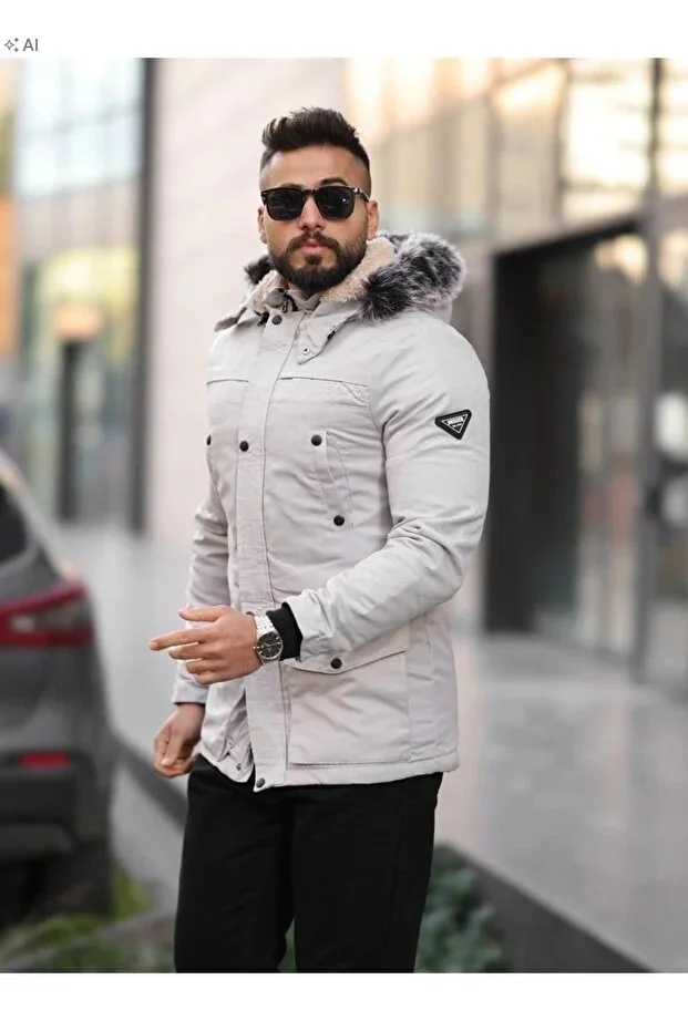 MĘSKA KURTKA PIKOWANA Z KAPTUREM I FUTERKIEM ELEGANCKA M 5IA