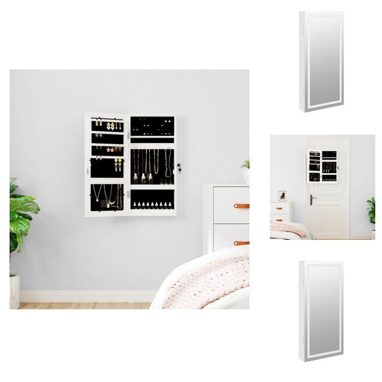 vidaXL Lustrzana szafka na biżuterię z oświetleniem LED do montażu na ścianie, biała - Lustro