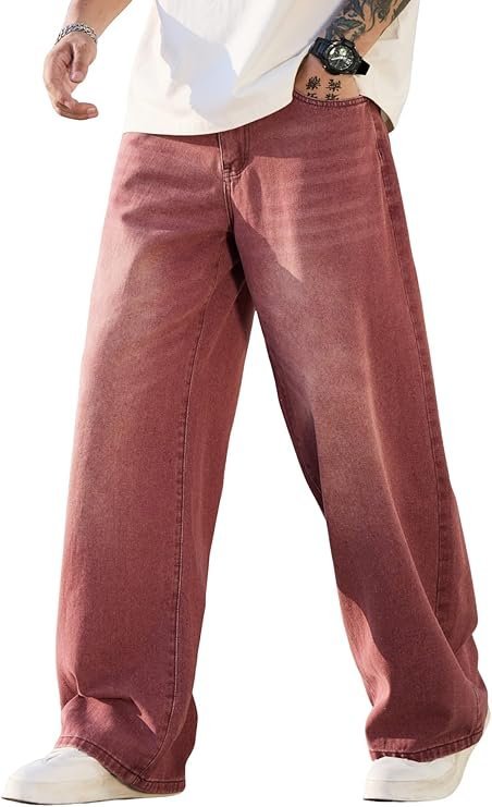 Zewool Męskie Spodnie Baggy Jeansowe Luźne Szerokie Nogawki Czerwone S
